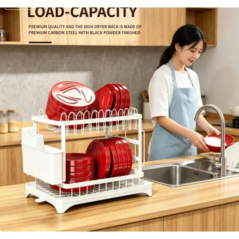 

Space Saving 2-Tier Dish Drying Rack Rustproof Metal with Drain Tray Easy Assemble Kitchen Countertop Storage Organizer