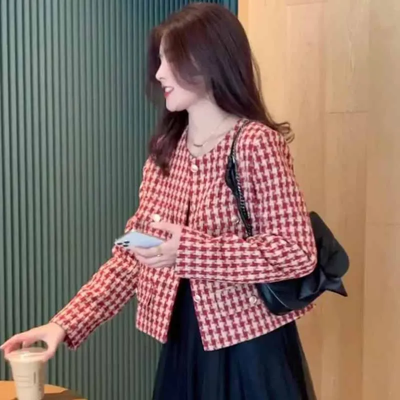 Korean Autumn Female Advanced Sense Grid Small Fashion Suit Jacket Women Retro Style Leisure Short Small Fragrant Wind Coat