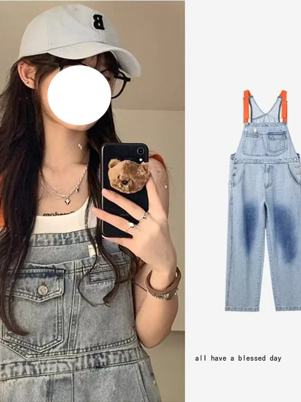 

Summer 2025 Women's Loose Fit Denim Overalls High Waist Wide Leg Pants Button Closure Blue Jeans Workwear Cargo Pants