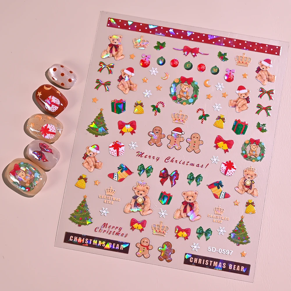 1 szt. Naklejki na paznokcie 5D Laserowe Różowe Świąteczne Ozdoby Aurora Choinka Kokarda Wieniec Płatki Śniegu Samoprzylepne Wytłaczane Naklejki na Paznokcie Urocze Akcesoria do Paznokci
