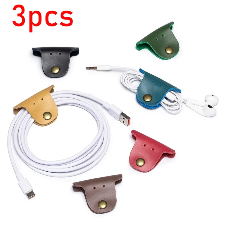 

3Pcs Genuine Leather Earphone Storage Bag Desktop Accessories Data Cable Organization Bag Portable Reusable Cord Winder Cable