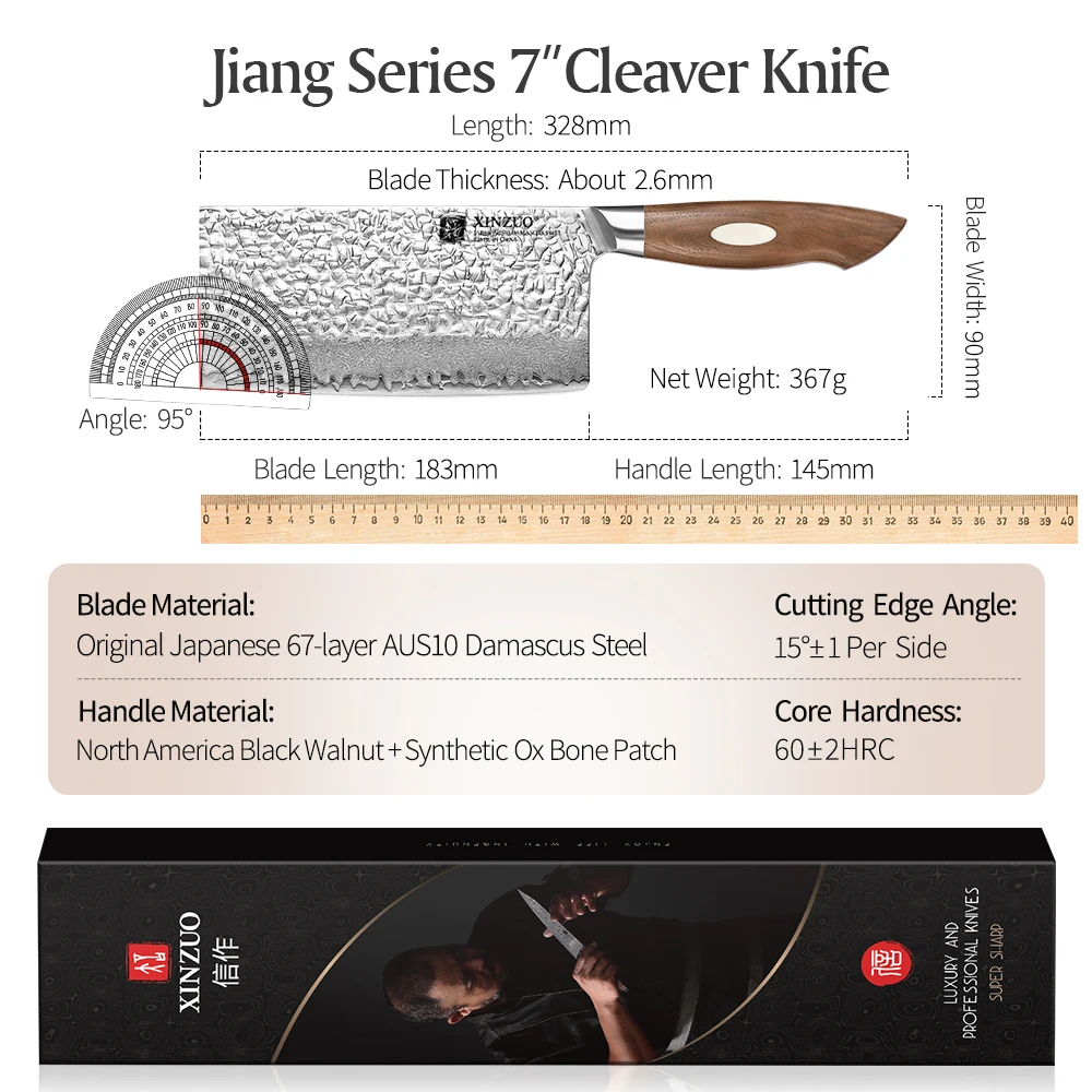 XINZUO 7\'\' Cleaver Meat Knife with Black Walnut Handle Stainless Steel Japanese AUS10 Damascus Cooking Tools Cleaver Best Gift