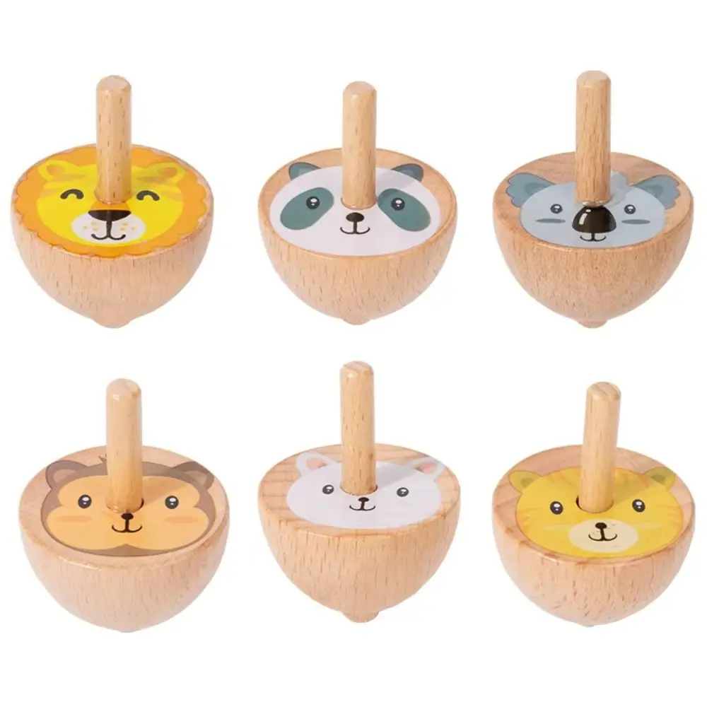 6piece/set Colorful Fruit Wooden Spinning Top Natural Wood Cartoon Animal Rotating Gyro Rotating Spinning Wooden Gyro Set