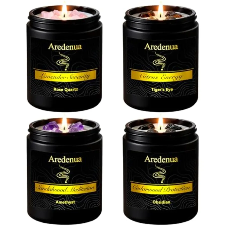 

Scented Candles Set, Pack Healing Candles with Rose Quartz Amethyst Tiger Eye Obsidian, 7oz Natural Soy Wax Candles, Lavender C