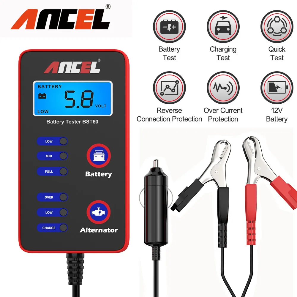 ANCEL BST60 12V Digital Car Battery Tester Quick Tester Alternator Charging with cigarette lighter adapter Car Battery Analyzer