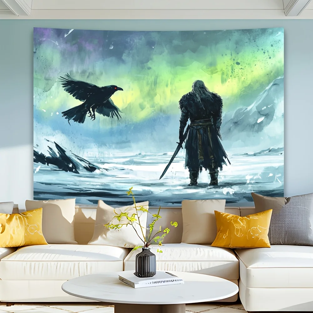 Stunning Eagle & Warrior Polyester Tapestry - Mystical Northern Lights Scene Wall Hanging for Living Room, Bedroom, Office