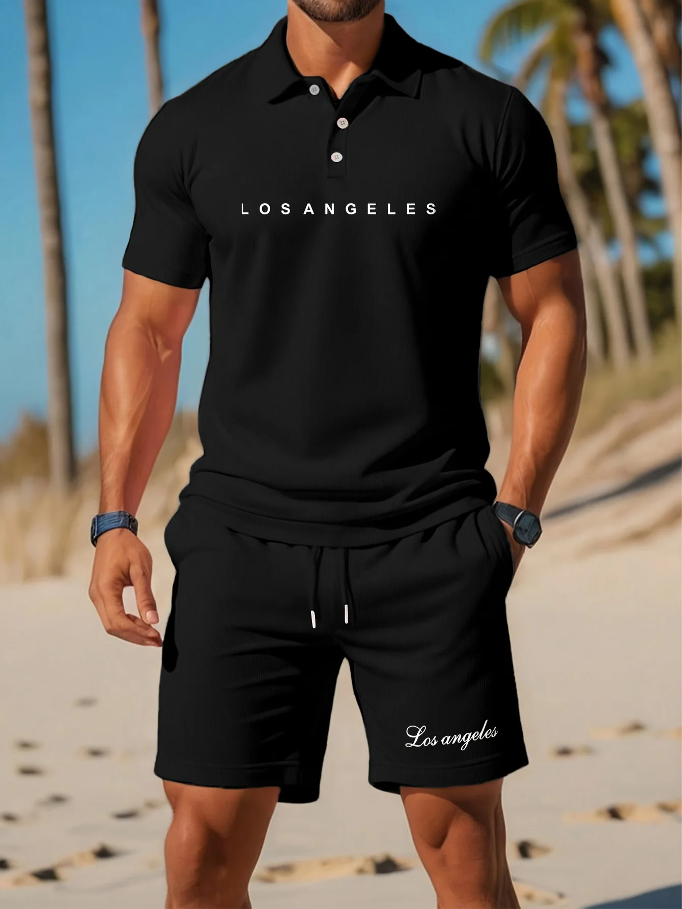 

2026 Summer Men's Polo Shirt Set Solid-Color Mesh Short-Sleeve Shirt with Letter Print and Drawstring Pockets–Casual Men's Set