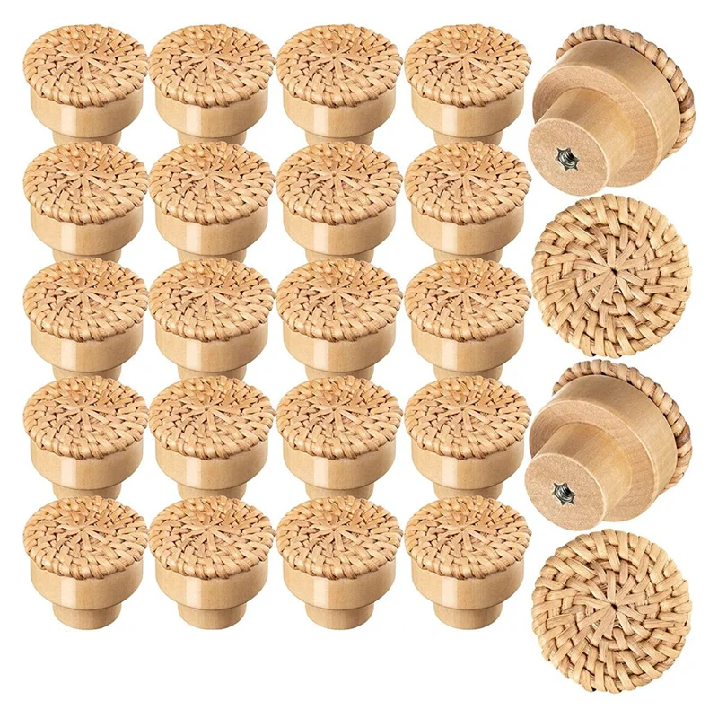 24Pcs Boho Rattan Dresser Knobs Round Wooden Drawer Knobs Cabinets Dresser Handles Hardware Pulls Cabinet Knobs