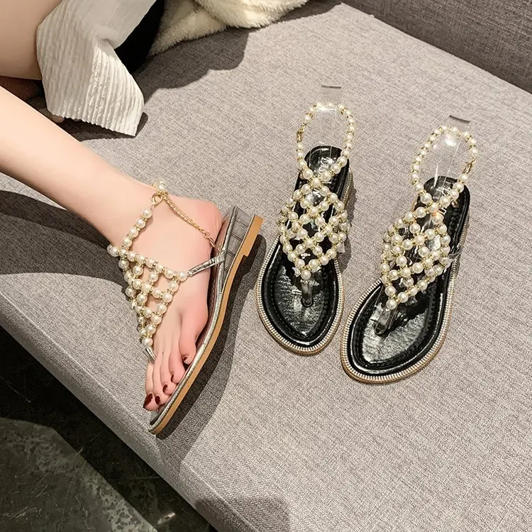 Beaded Clip Toe Women Sandals Beach Flip Flops Shoes Summer Dress Slippers Designer 2024 New Casual Mid Heels Pumps Mujer Slides