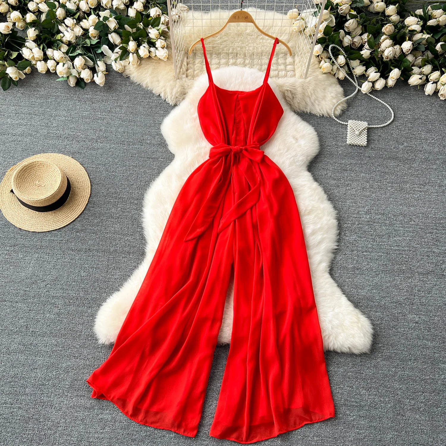 Chic Vintage  off shoulder sleeveless Solid slip Top Jumpsuit Elegant High Waist Casual Wide Leg Pants Summer Women Playsuit