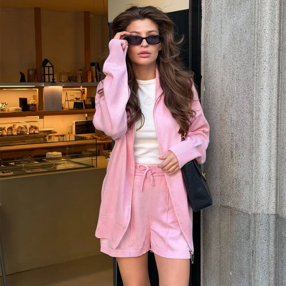 

Summer Women's Suit Cardigan 2 Piece Set Long Sleeve Knit Cardigan Drawstring Shorts Sweater Cardigan Open Front Sweater