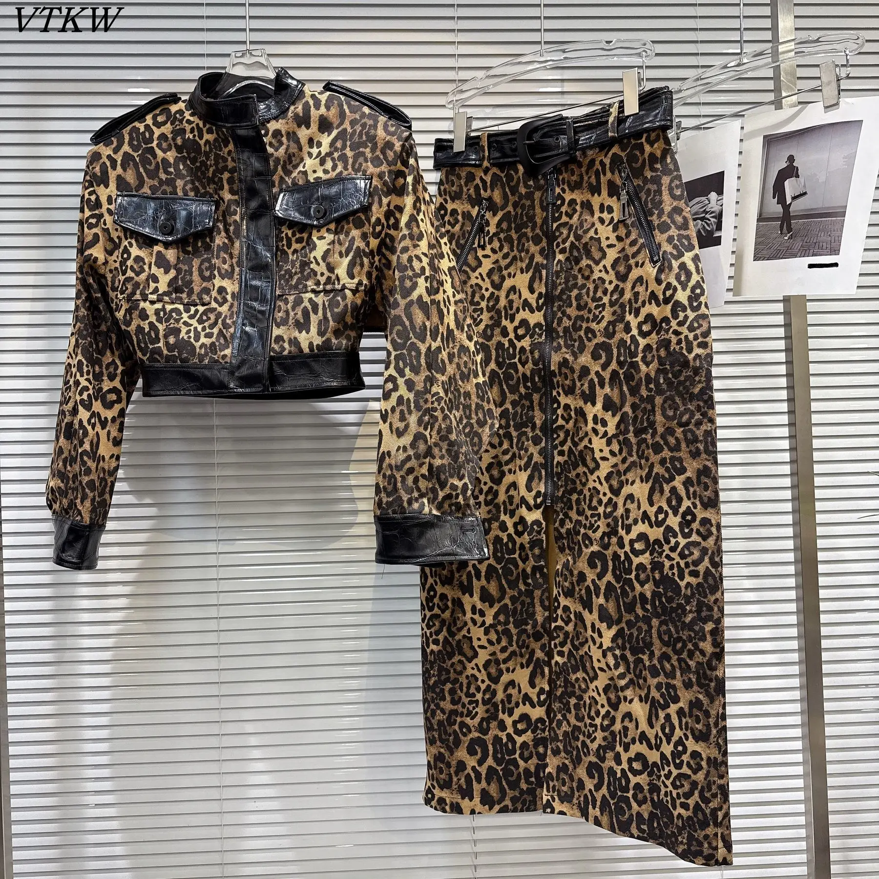 

VTKW Women's 2Pc Set Leather Jacket Skirt Leopard Patchwork Sexy Hot Girl Belted Office Streetwear 2025 New Fall Winter Luxury