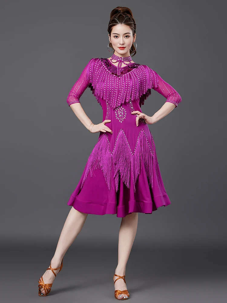 2025 novo vestido de dança latina competição profissional vestido flor feminino adulto desempenho borla trajes de dança 7222