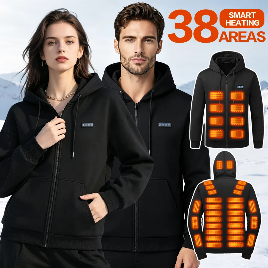 Unisex Heated Hoodie USB Rechargeable 38 Heating Zones Electric Thermal Warm Zip Up Hooded Sweatshirt Fleece Lined Winter Heatin