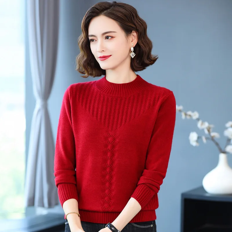 Knitting Bottoms Shirt Warm Autumn Winter Sweater New Women Half-Turtleneck Twisted Flowers Pullover Sweaters Pull Femme