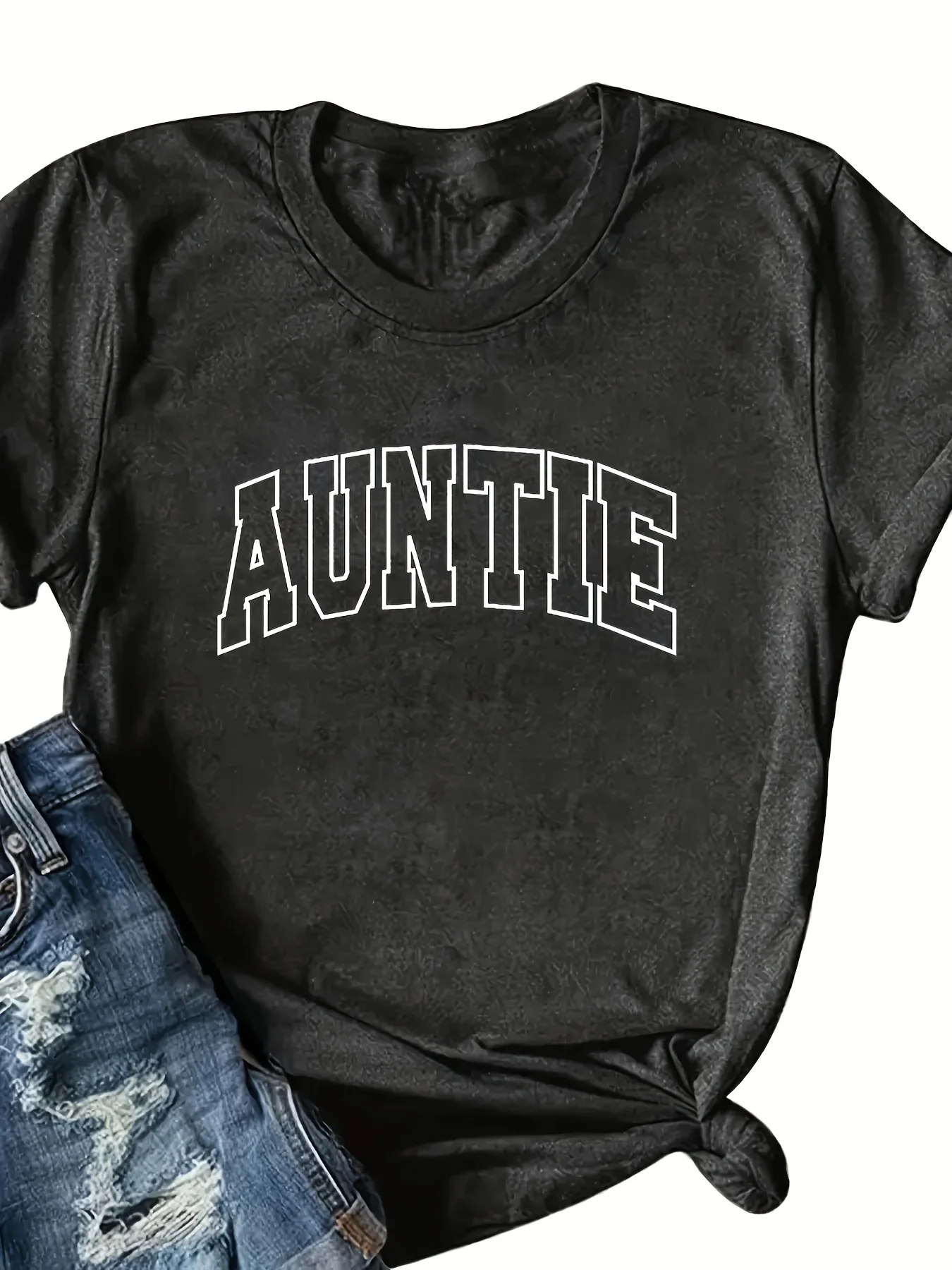 Auntie Print Crew Neck T-shirt, Casual Short Sleeve Summer Top, Women\'s Clothing