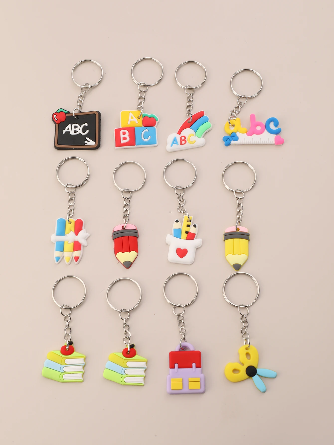 12pcs PVC Stationery Keychain, Fashion Cartoon purse Bag Backpack  Key Accessories Pendant Key Chain ring, Creative Party favors