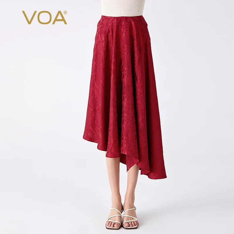 VOA 100% Mulberry Silk Crescent Jacquard Natural Waist Wine Red Skirts Large Swing Versatile Simple Zippered Silk Skirt CE207