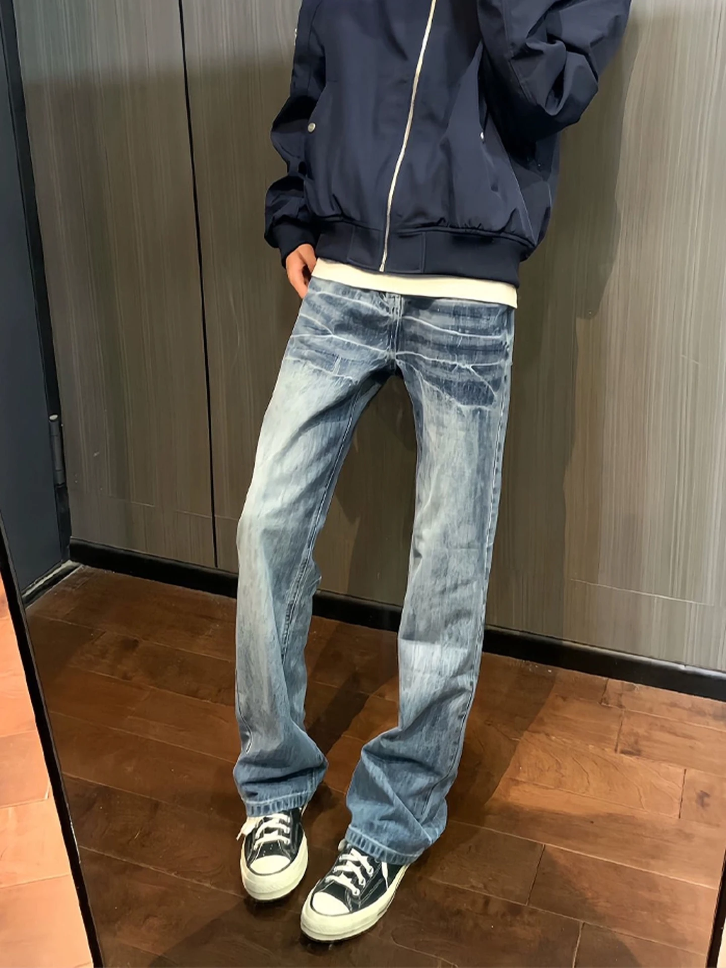 

Мужские джинсы-клеш с синим узором «Молния», осенние, прямые, эластичные, из денима, с эффектом удлинения, с высокой талией, прямого кроя