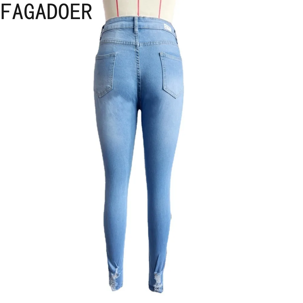 FAGADOER Retro Blue Fashion Hole Denim Pants Women High Waist Button Skinny Jean Trousers Casual Female Matching Cowboy Bottoms