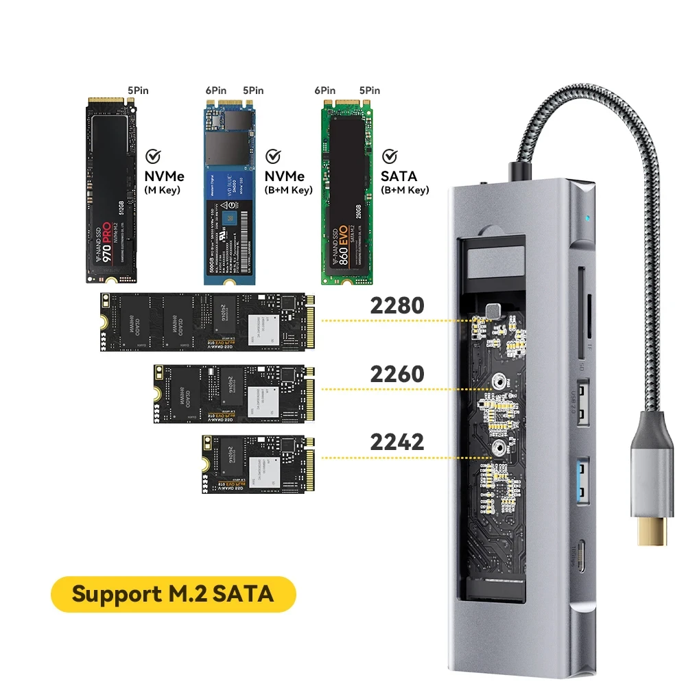 디스크 저장 기능이 있는 8-in-1 USB 허브 SSD M.2 SATA NVME USB 유형 C-Macbook Air M1 M2용 HDMI 호환 도킹 스테이션 ,8-in-1 USB Hub With Disk Storage Function SSD M.2 SATA NVME USB Type C to HDMI-Compatible Docking Station For Macbook Air M1 M2