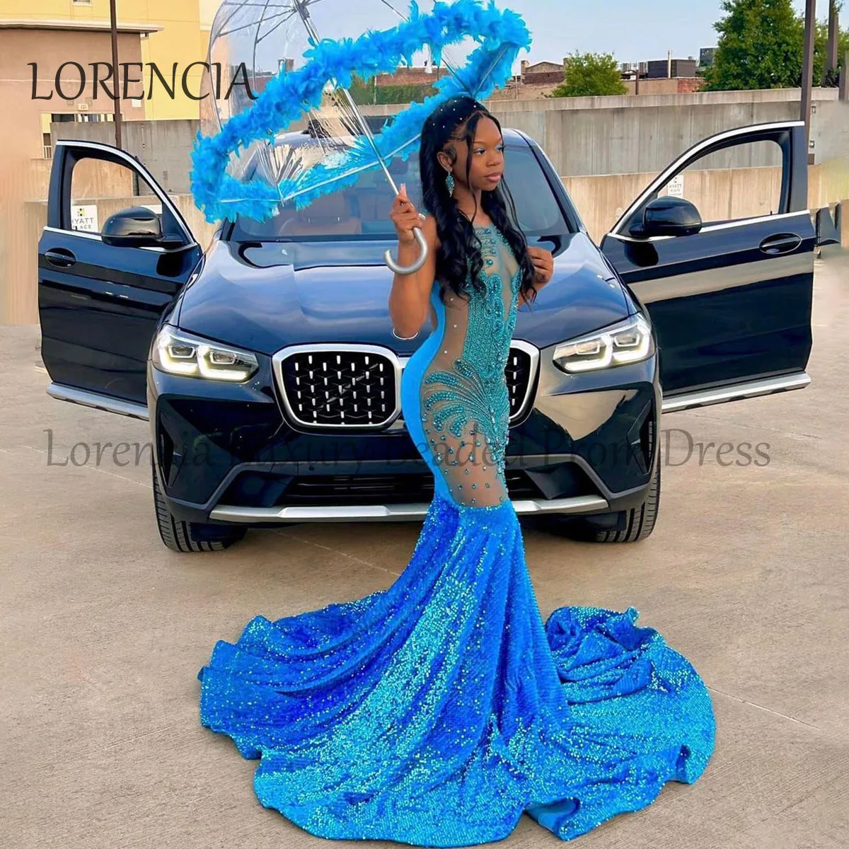 

Sparkly 2024 Diamond Long Mermaid Prom Dress For Black Girls Feathers Evening Party Gowns Sleeveless Crystal robes de soirée