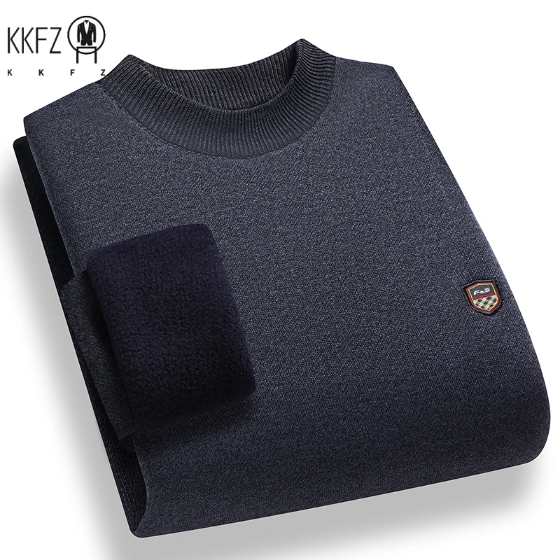 Windproof Men Plain Knitted Sweater Stretch Rib Trim Small Shield Badge Fleece Lined Office Casual Long Sleeve Top