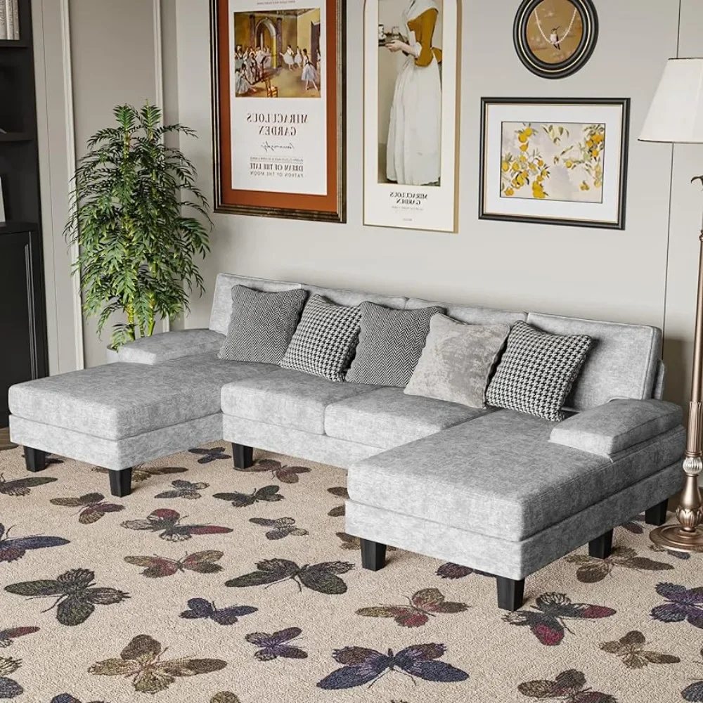 Sofá de salón convertible, tela de chenilla moderna en forma de U, 4 plazas con chaise longue, para sala de estar, gris, sofá cama seccional