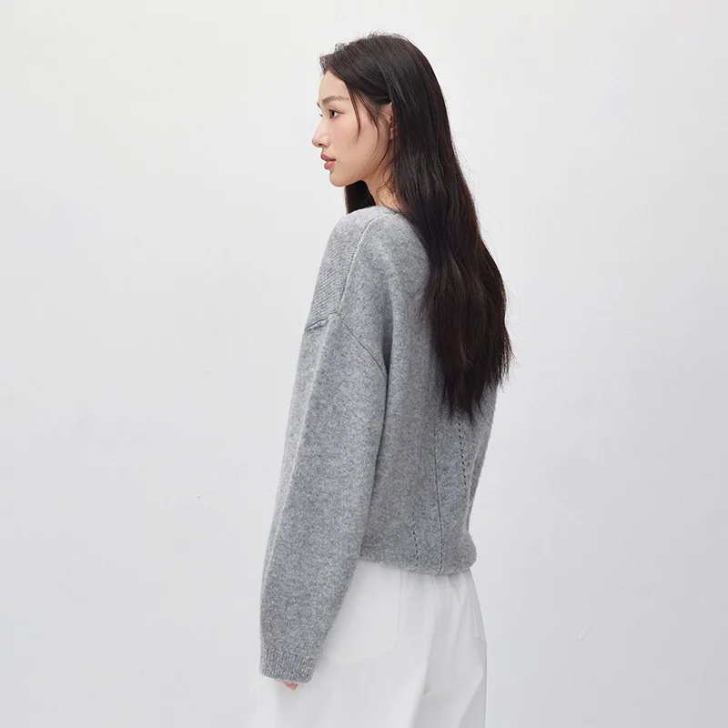 Semir Women Knit Sweater V Neck Drop Shoulder Balloon Sleeve Wool Blend Versatile Relaxed Fit 2026 New Winter Daily Wear