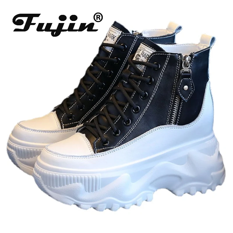 

Fujin/кроссовки на платформе 8 см из натуральной кожи; Сезон весна-осень; Женские ботильоны; Разноцветные женские ботинки на молнии