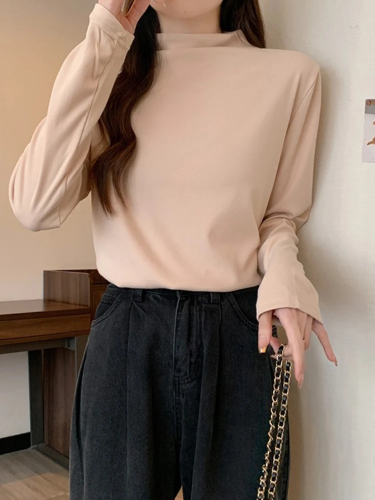 Warm Base Layer Tops Women's Velvet Knitted Turtleneck T-Shirt Autumn Winter Fashion Long Sleeve Solid Color Oversized Tees