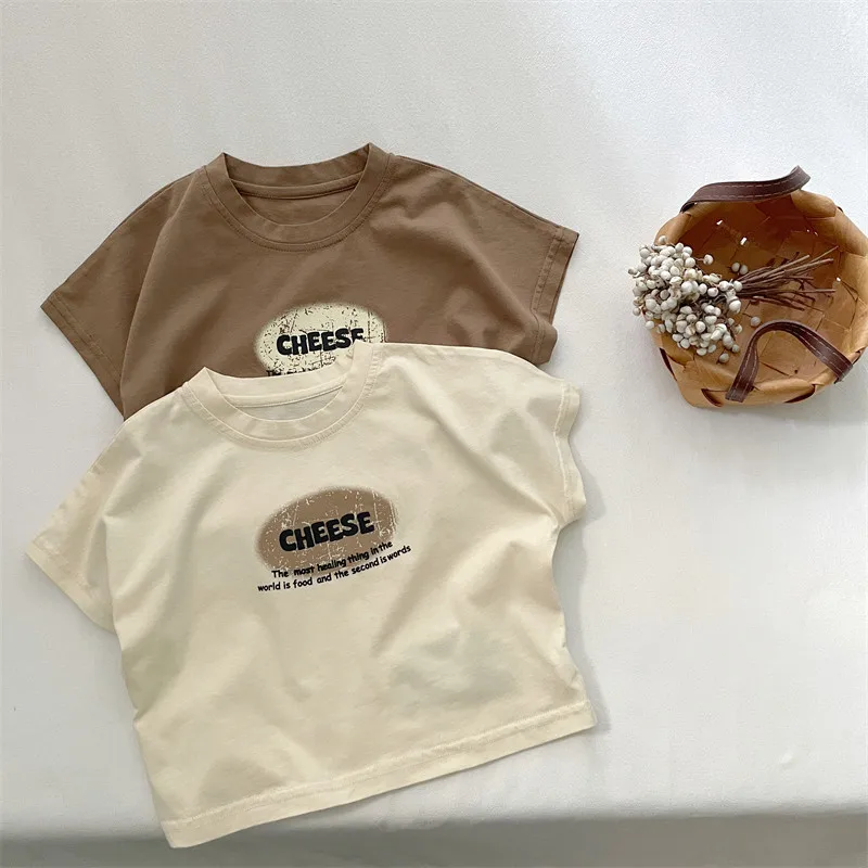 

2026 Summer New Children Short Sleeve Casual T Shirts Boys Girls Vintage Letter Print T Shirts Baby Cotton Tee Kids Clothes