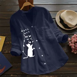 Cat Printed Women's Blouses Pockets Cotton Linen Casual Women's Shirts Summer Top Long Sleeve Shirt Blouse Solid Color Tops