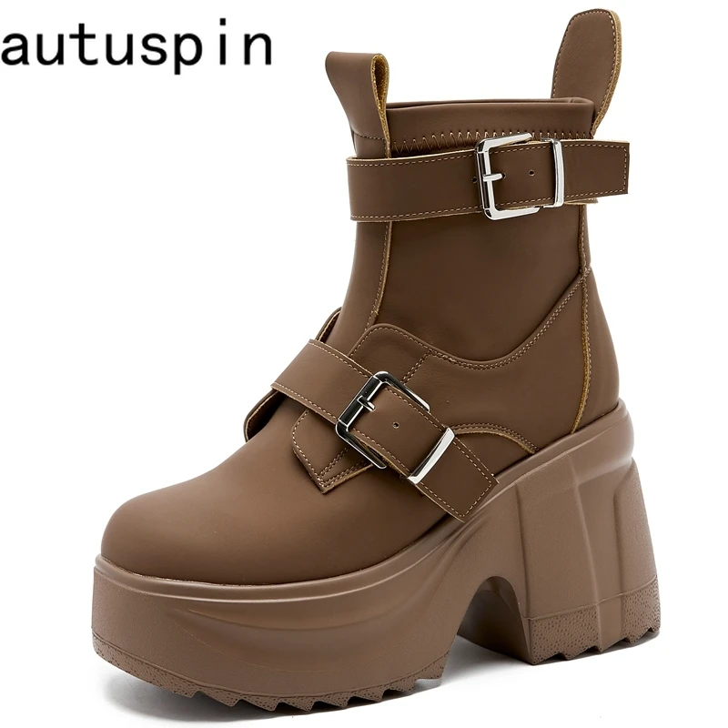 

Autuspin 10cm Synthetic Leather Motorcycle Boots for Women Winter Autumn High Thick Heels Platform Chunky Short Booties Shoes