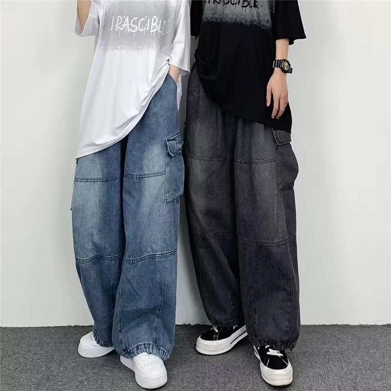 QWEEK Y2k Vintage Baggy Jeans for Women Autumn Loose Pockets Elastic Waist Denim Wide Leg Pants Japanese Streetwear Trousers