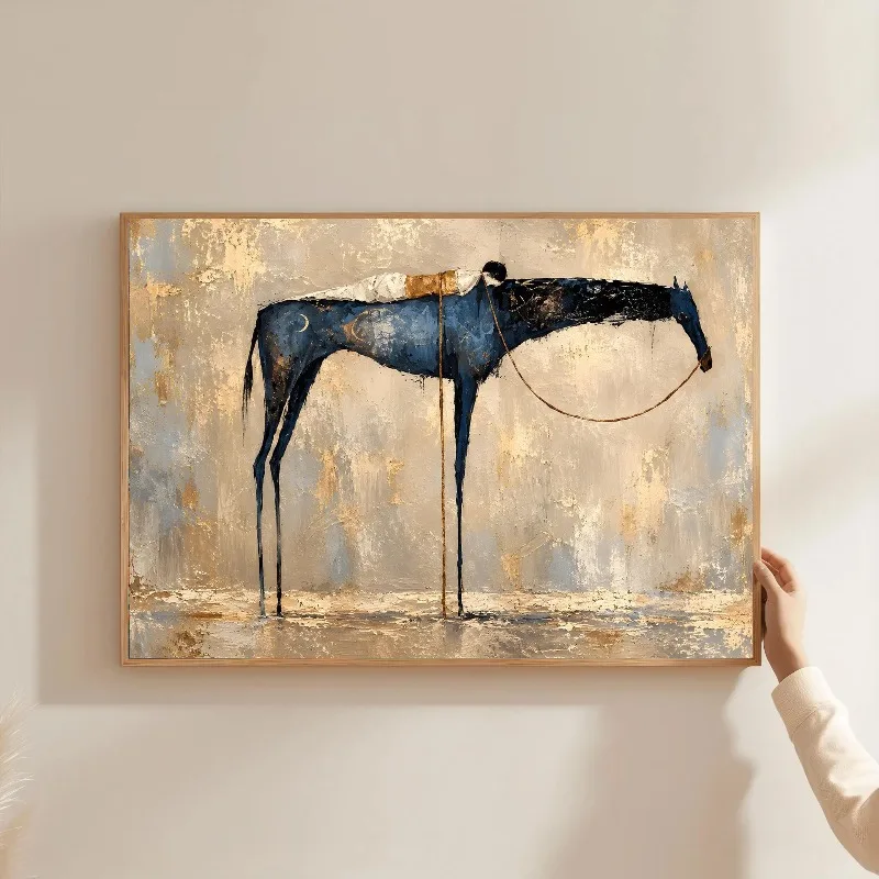 Abstract Textured Blue Horse Reclining Figure Canvas Painting Print Surreal Animal Poster Wall Art Living Room Home Decor