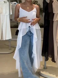 Sleeveless Ruffles Patchwork Chic Long Blouses, Women Summer Solid Fashion V Neck Tops, 2025 Casual Loose Ladies Pullover Shirts