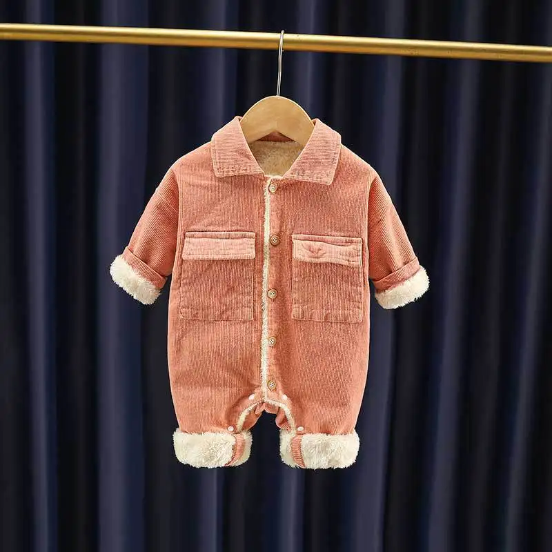 MILANCEL New Autumn Baby Clothes 0-24M Girls Solid Color Corduroy Romper Boys Warm Fur Lining Jumpsuit Toddler Casual Outwear