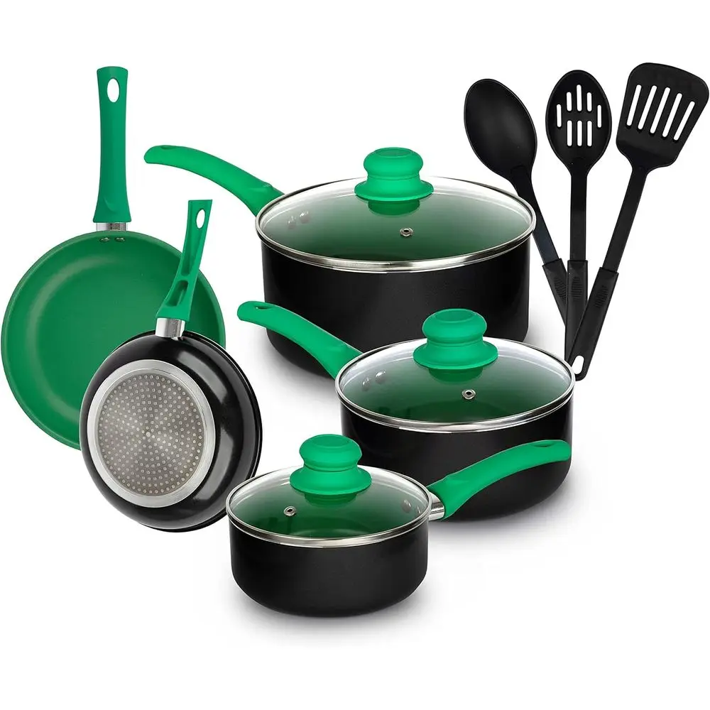 

Green 11Pcs Aluminum Nonstick Pots Pans Set Fry Pan Casserole Sauce Pan With Utensils Kitchen Cooking Tools