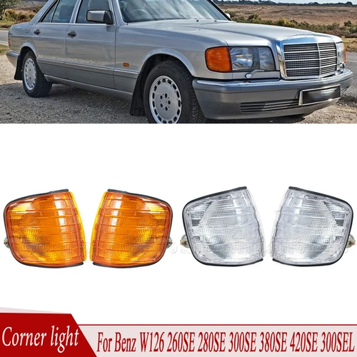 Lámpara de esquina delantera, carcasa de luz antiniebla compatible con Benz W126 260SE 280SE 300SE 380SE 420SE 300SEL 500SEL, lámpara de esquina marcador para coche