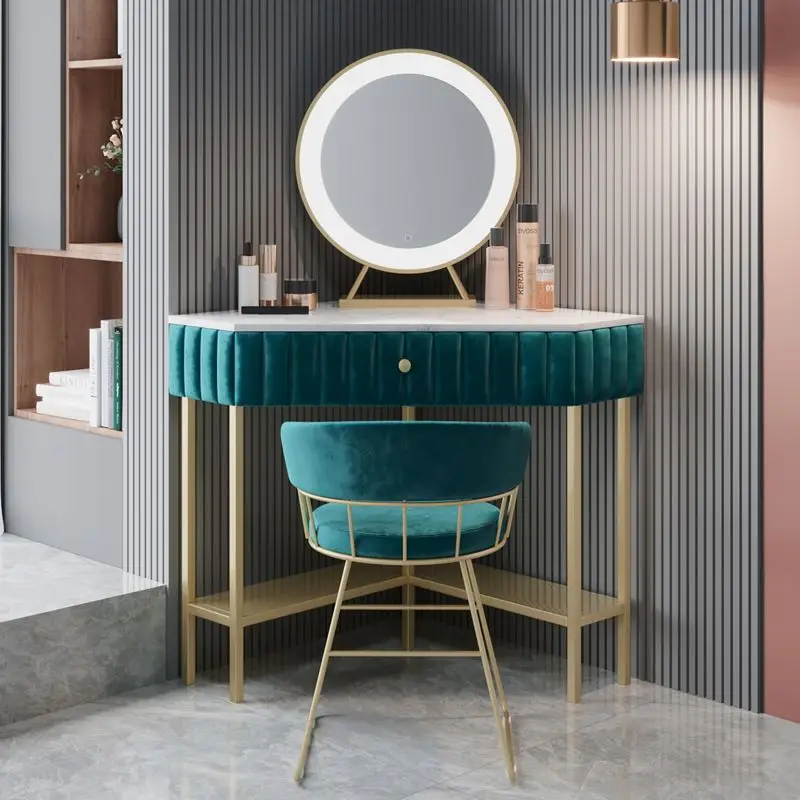 Nordic Corner Small Bedroom Marble Triangle Shape Light Luxury Corner Dresser with Slender Gold Metal Stand