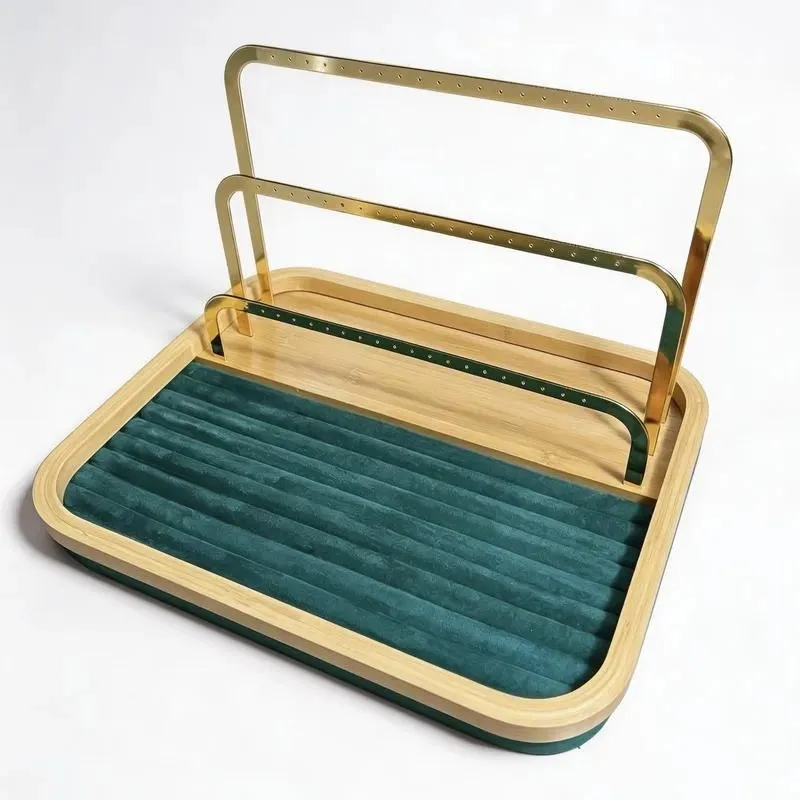 for Taiyi jewelry display tray, high-end velvet bamboo three-layer metal bracket, earrings and rings mixed jewelry display