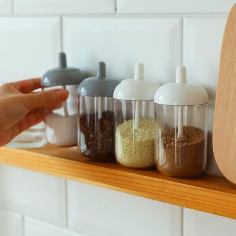 Kitchen Glass Spices Jars Stickers Salt Sugar Powder Olive Oil Pepper Seasoning Storage Bottle Spoon Base Tools Accessories Set