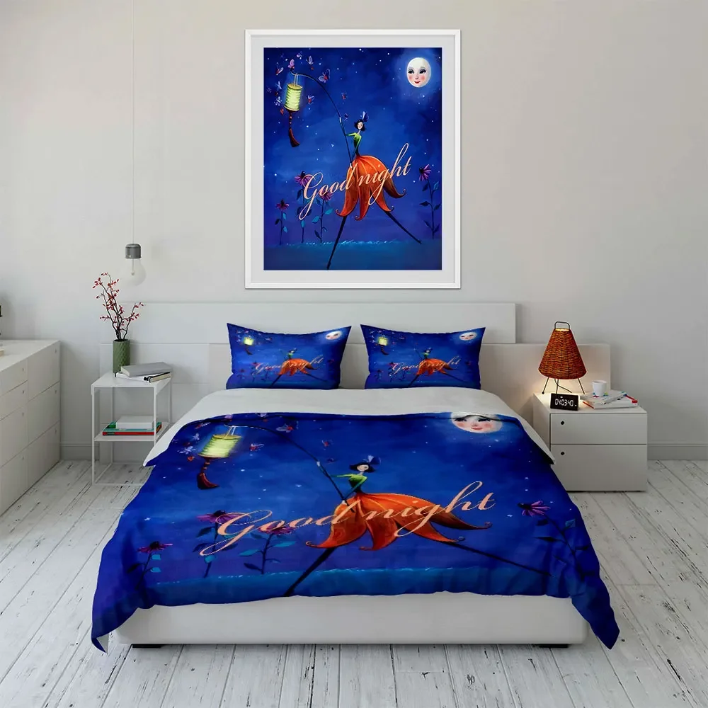 3Pcs Good Night Bedding Set, Whimsical Girl with Lantern Print Duvet Cover + 2 Pillowcases, Exquisite bedding decor gift