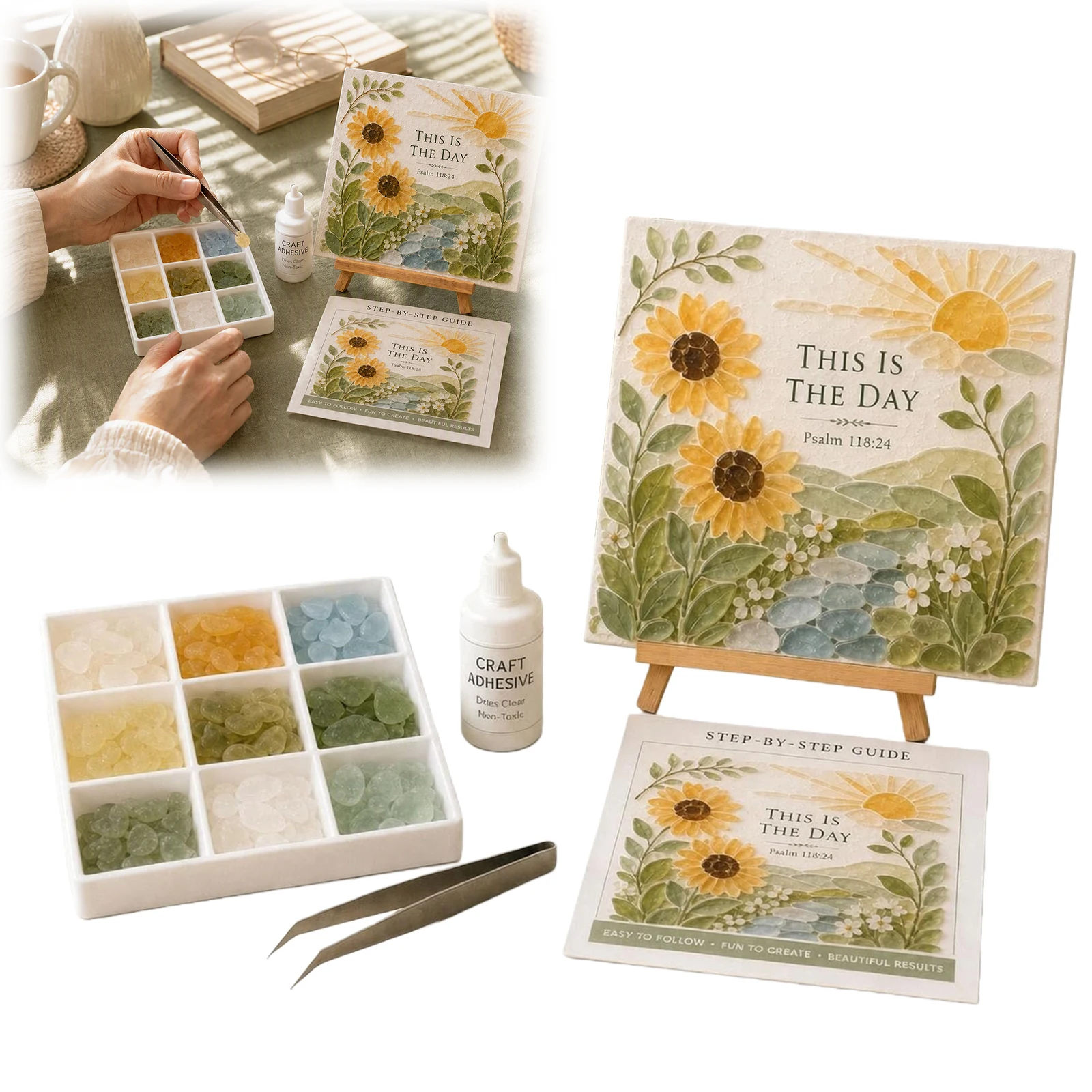 DIY Christian Sea Glass Mosaic Art Kit Psalms Comfort Strength Scripture Craft Set for Adults Women