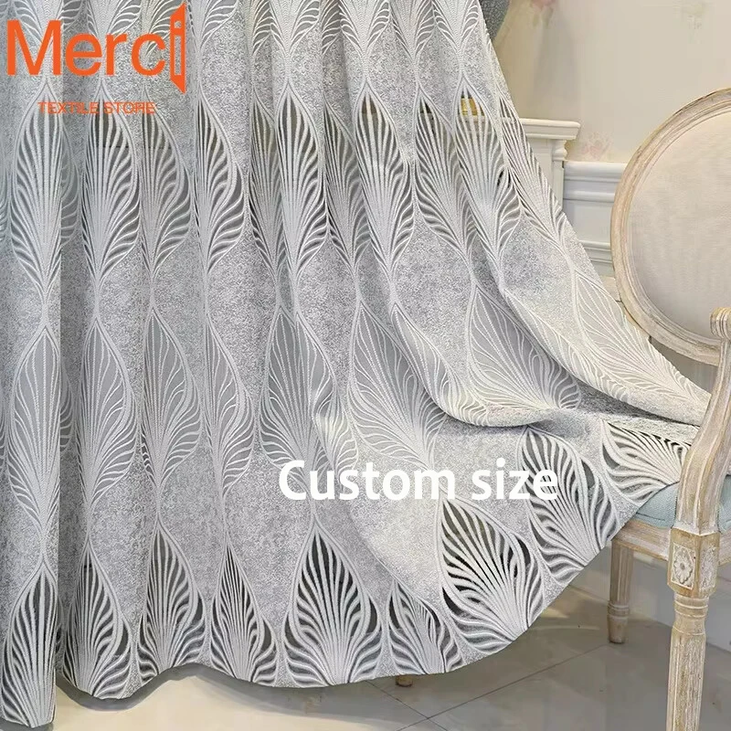 Luxury Curtains Leaf Jacquard Gray Yarn White Sheer Curtains for Living Room Bedroom Gray Tulle Home Decor Custom High Quality