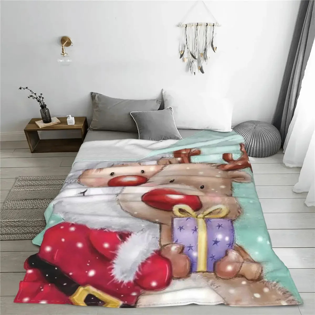 Christmas Cute Santa Deer Blankets Flannel All Season New Year Gnome Portable Super Soft Throw Blanket for Sofa Couch Quilt