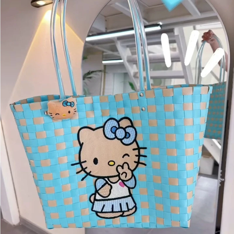 Miniso 2024 New Hello Kitty Woven Bag Fashion High Quality Girls Beach Bag Large Capacity Multi Functional Women\'s Handbag