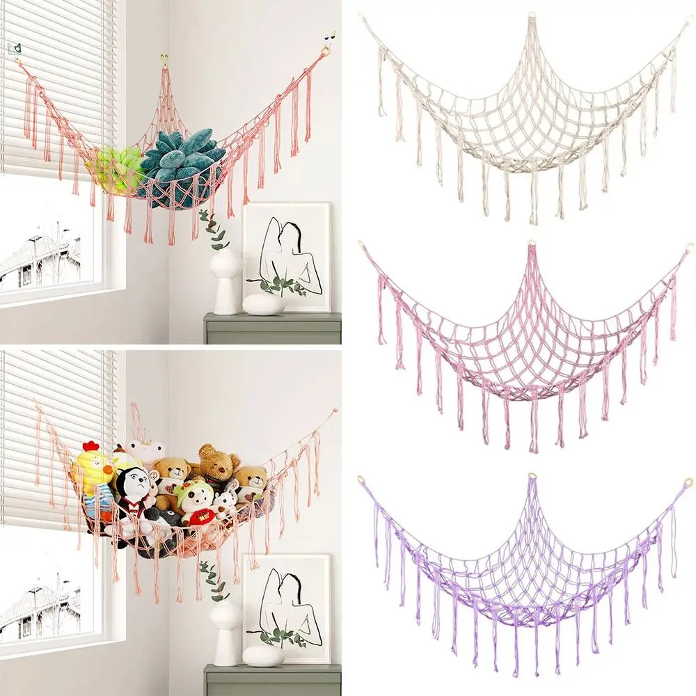 Creative Wall Corner Toy Hammocks Woven Cotton Rope Hanging Storage Net Organizer Stuffed Mesh Tassels Triangle Toy Net
