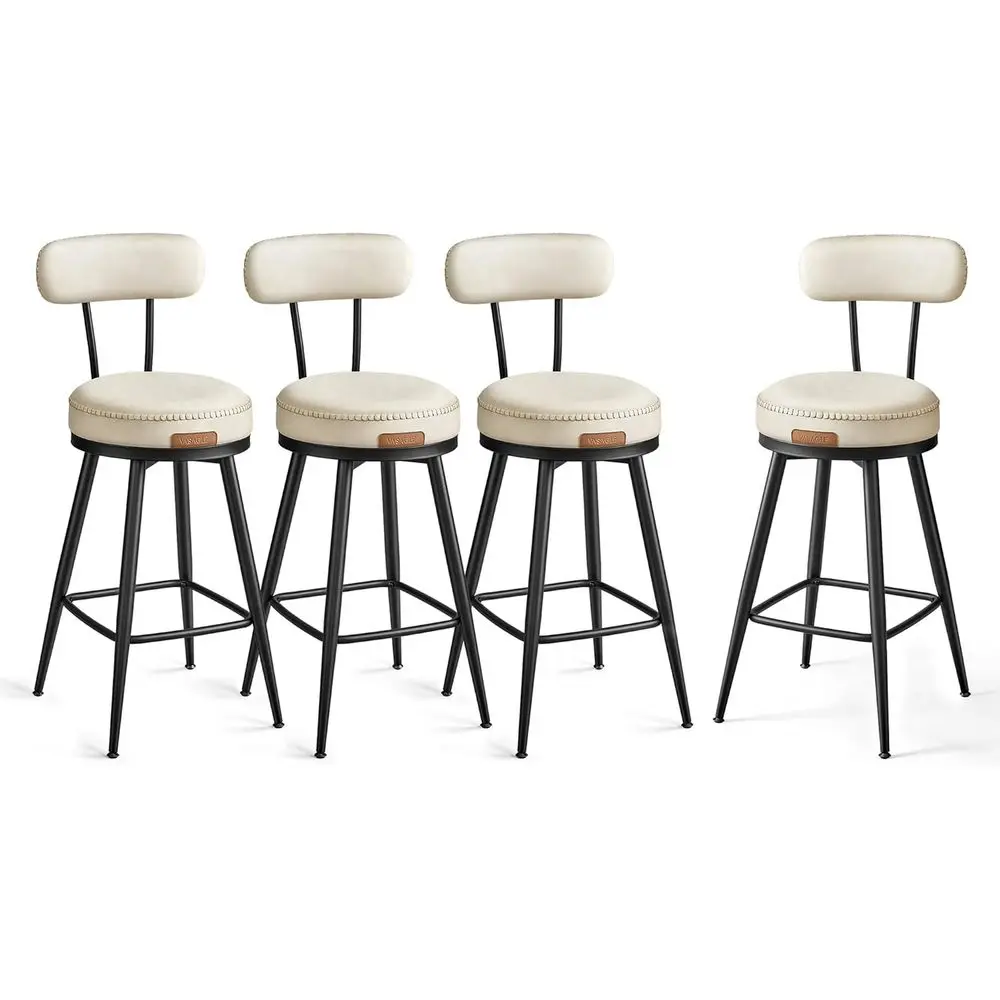Set of 4 Cream White Swivel Bar Stools with Back, Counter Height, Synthetic Leather, 25.6-Inch Tall